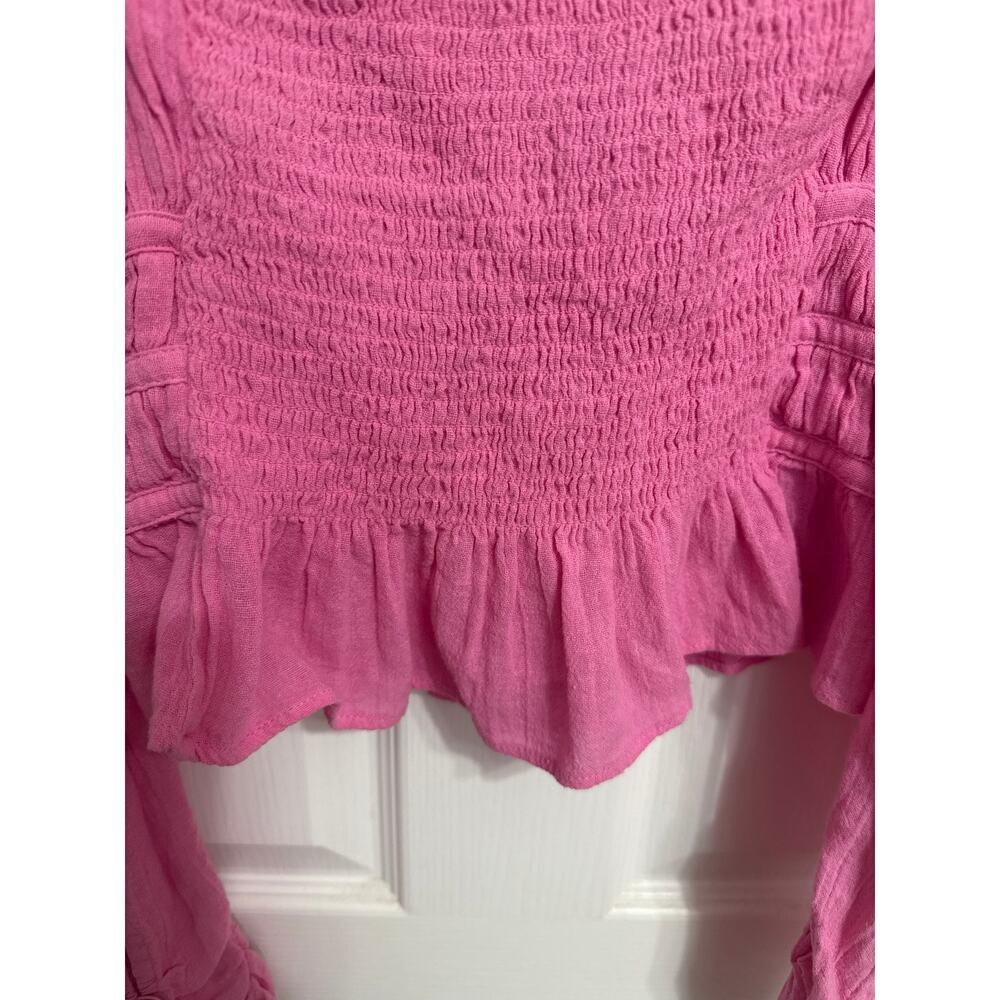 Free People Chole Cropped Top Blouse Ruffle Puffed Sleeves Smocked Pink Medium - Picture 6 of 10